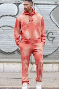 Oversized Sun Bleached 13 Gusset Zip Thru Tracksuit | BoohooMAN UK