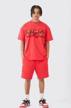 Oversized Super Heavy Embroidered Slogan T-shirt & Short Set | BoohooMAN UK