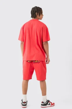 Oversized Super Heavy Embroidered Slogan T-shirt & Short Set | BoohooMAN UK