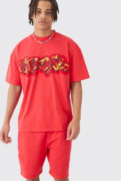 Oversized Super Heavy Embroidered Slogan T-shirt & Short Set | BoohooMAN UK