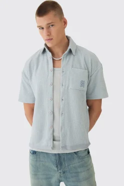 Oversized Textured Embroidered Shirt | BoohooMAN UK