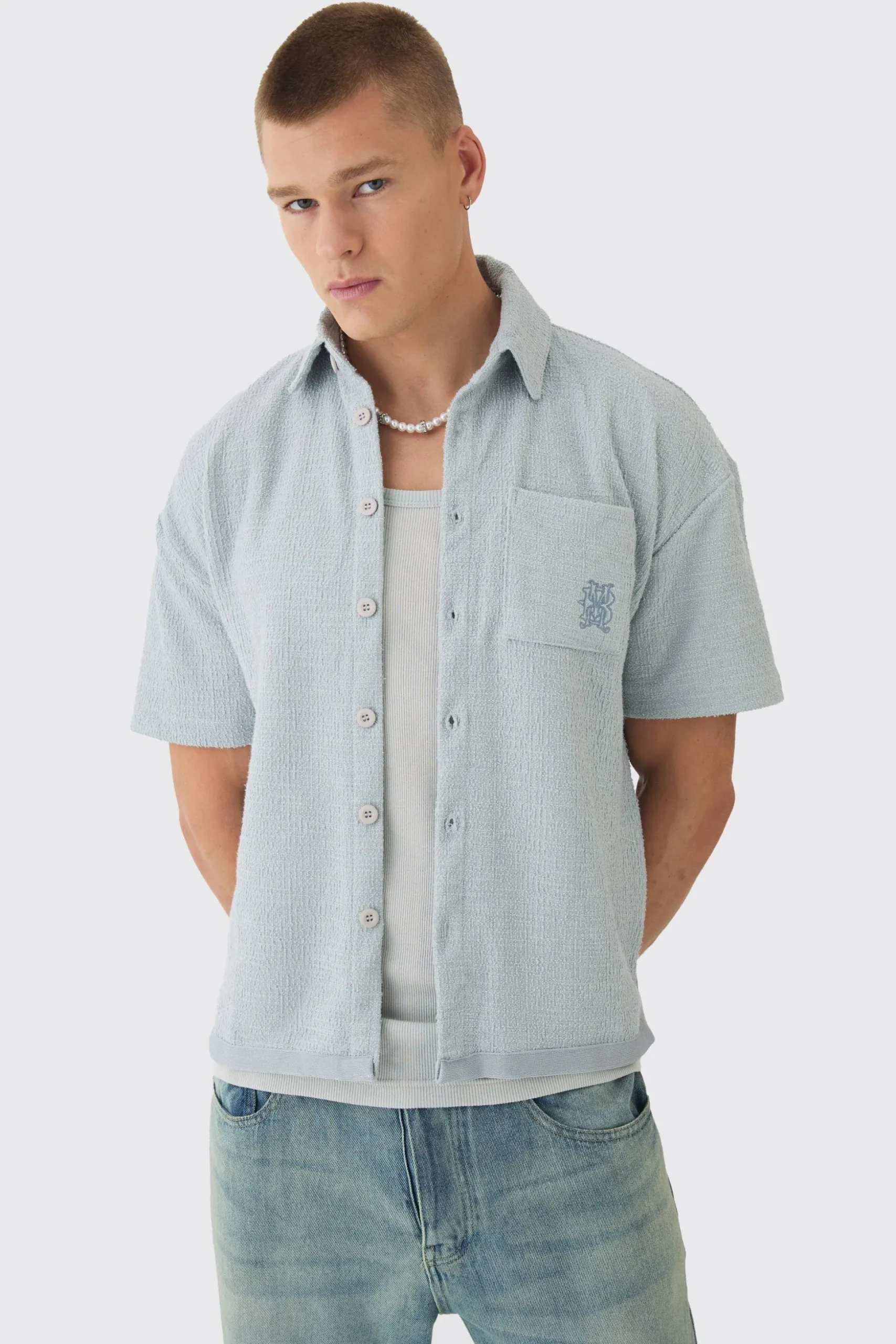 Oversized Textured Embroidered Shirt | BoohooMAN UK