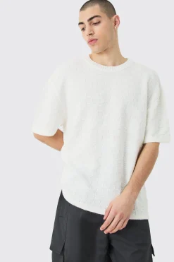 Oversized Textured Knit T-shirt In White | BoohooMAN UK