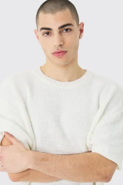 Oversized Textured Knit T-shirt In White | BoohooMAN UK