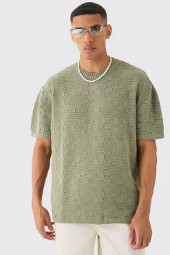 Oversized Textured Knit T-shirt In Khaki | BoohooMAN UK