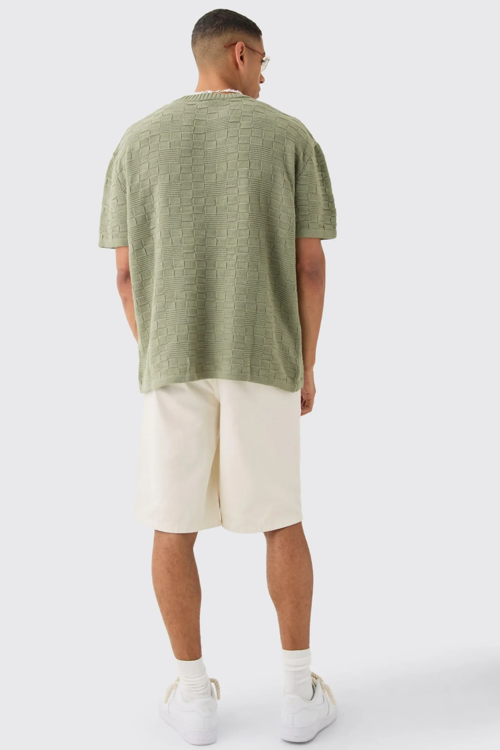 Oversized Textured Knit T-shirt In Khaki | BoohooMAN UK