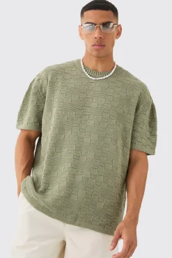Oversized Textured Knit T-shirt In Khaki | BoohooMAN UK