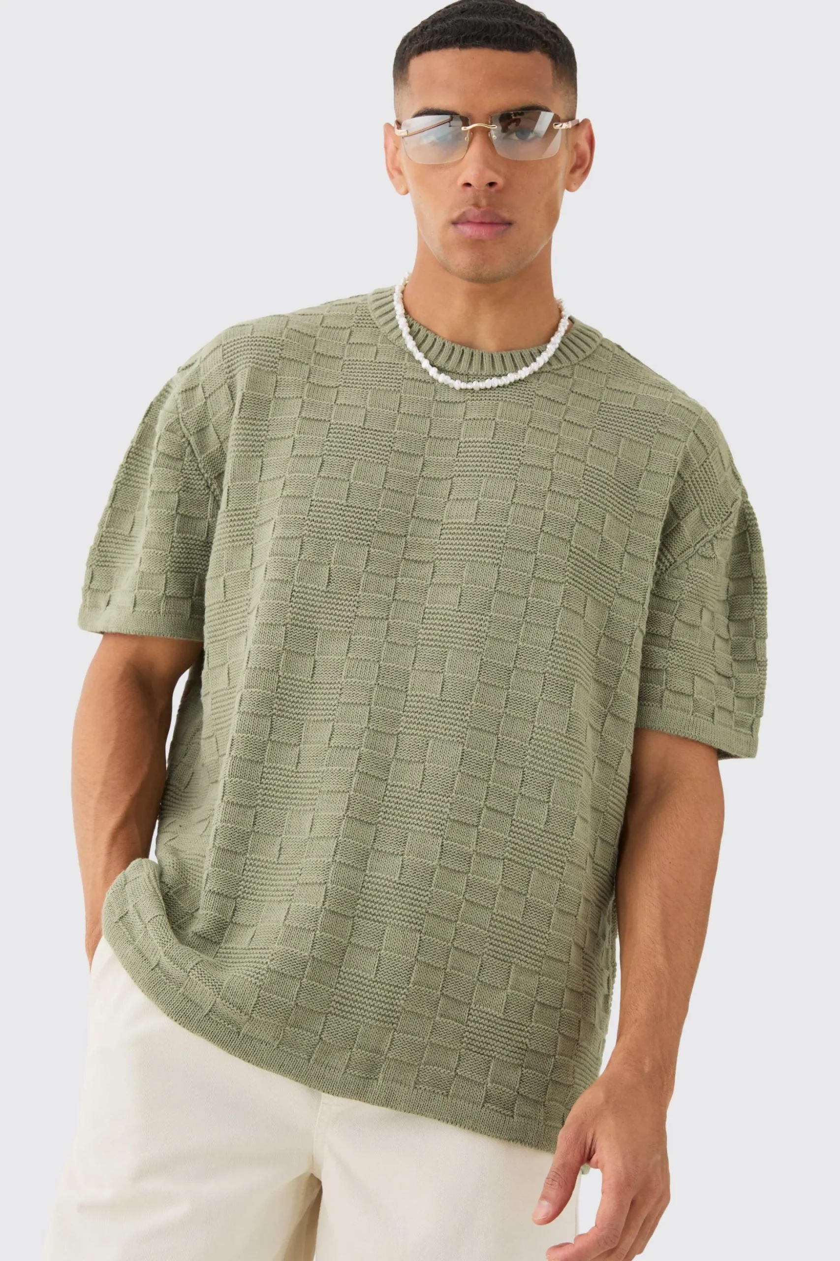 Oversized Textured Knit T-shirt In Khaki | BoohooMAN UK