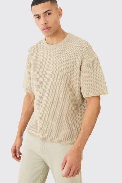 Oversized Textured Open Knit T-shirt | BoohooMAN UK
