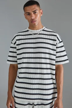 Oversized Textured Stripe T-shirt | BoohooMAN UK