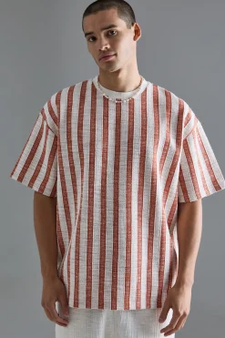 Oversized Textured Stripe T-shirt | BoohooMAN UK