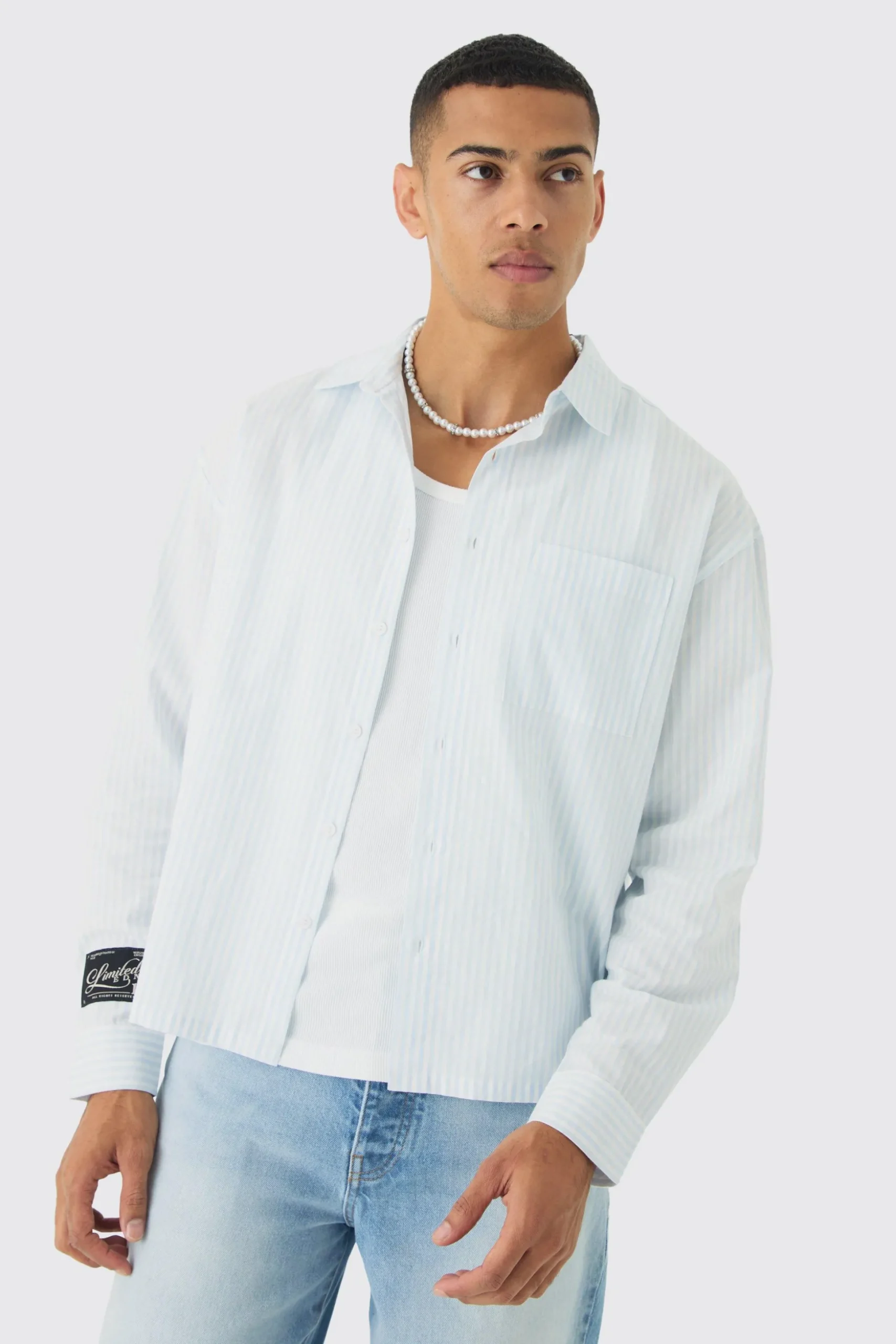 Oversized Textured Stripe Long Sleeve Boxy Shirt | BoohooMAN UK