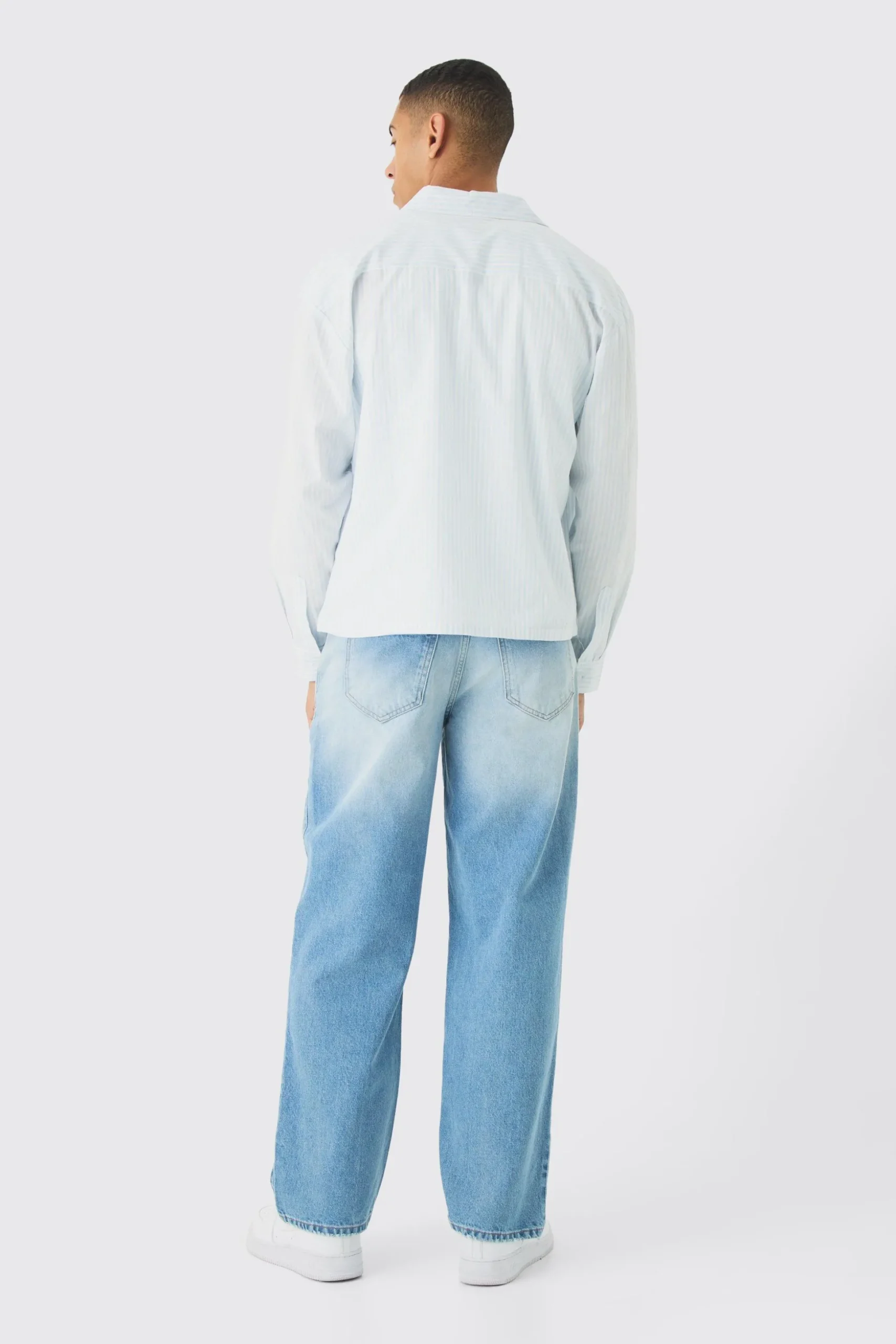 Oversized Textured Stripe Long Sleeve Boxy Shirt | BoohooMAN UK