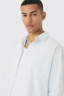 Oversized Textured Stripe Long Sleeve Boxy Shirt | BoohooMAN UK