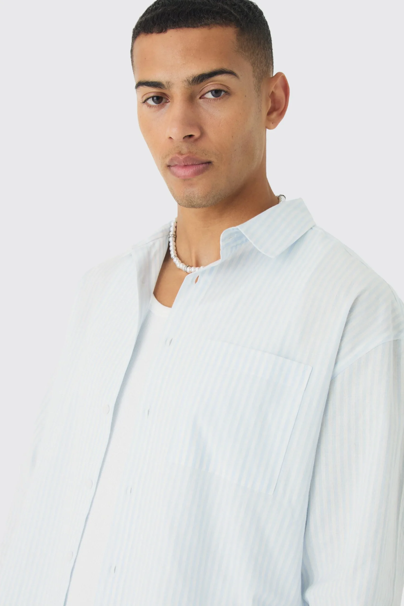 Oversized Textured Stripe Long Sleeve Boxy Shirt | BoohooMAN UK