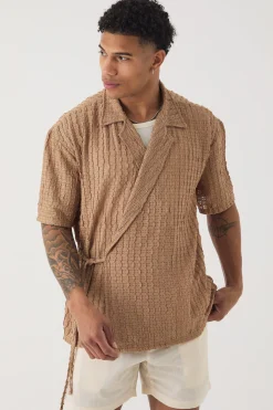 Oversized Textured Wrap Tie Half Sleeve Shirt | BoohooMAN UK