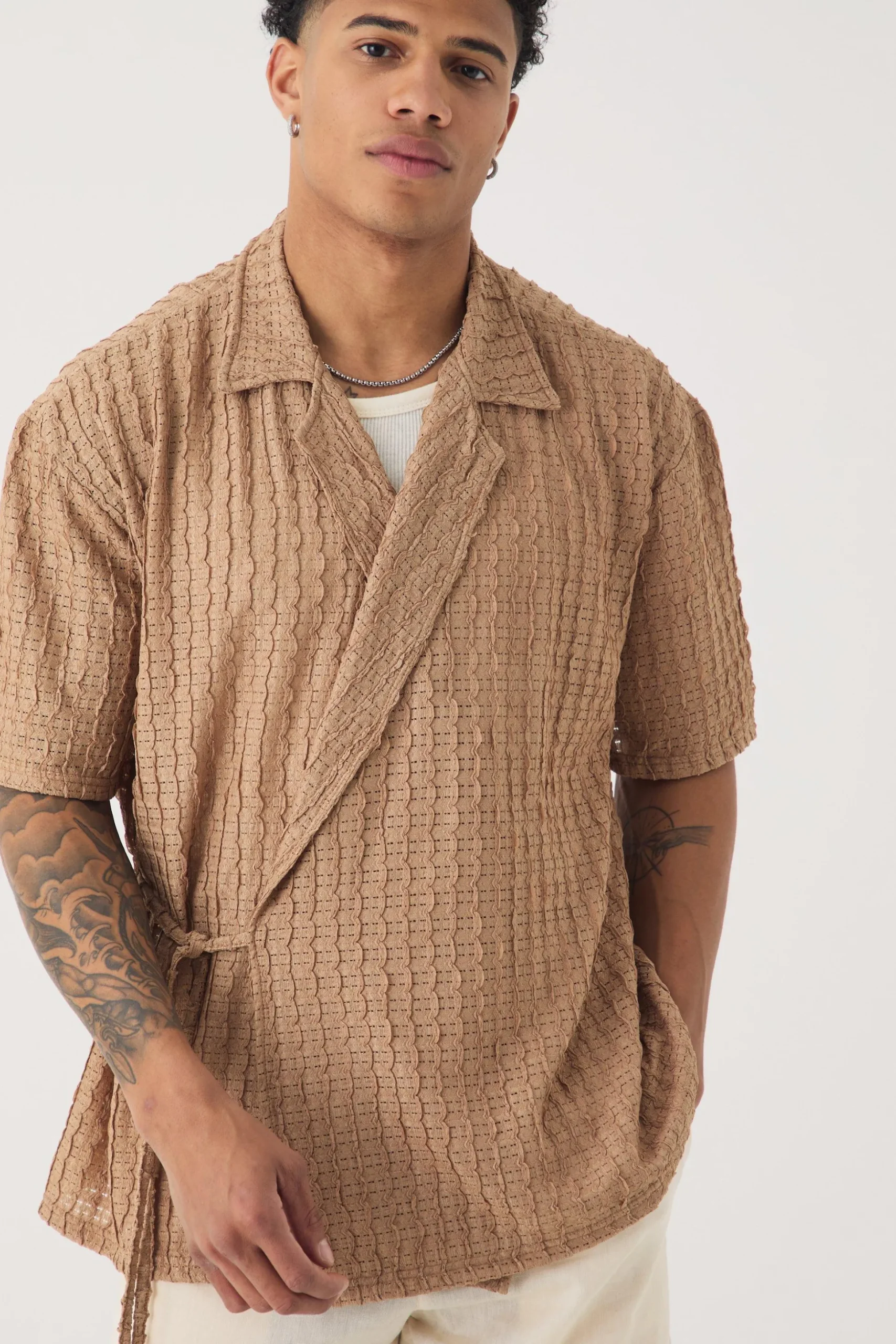 Oversized Textured Wrap Tie Half Sleeve Shirt | BoohooMAN UK