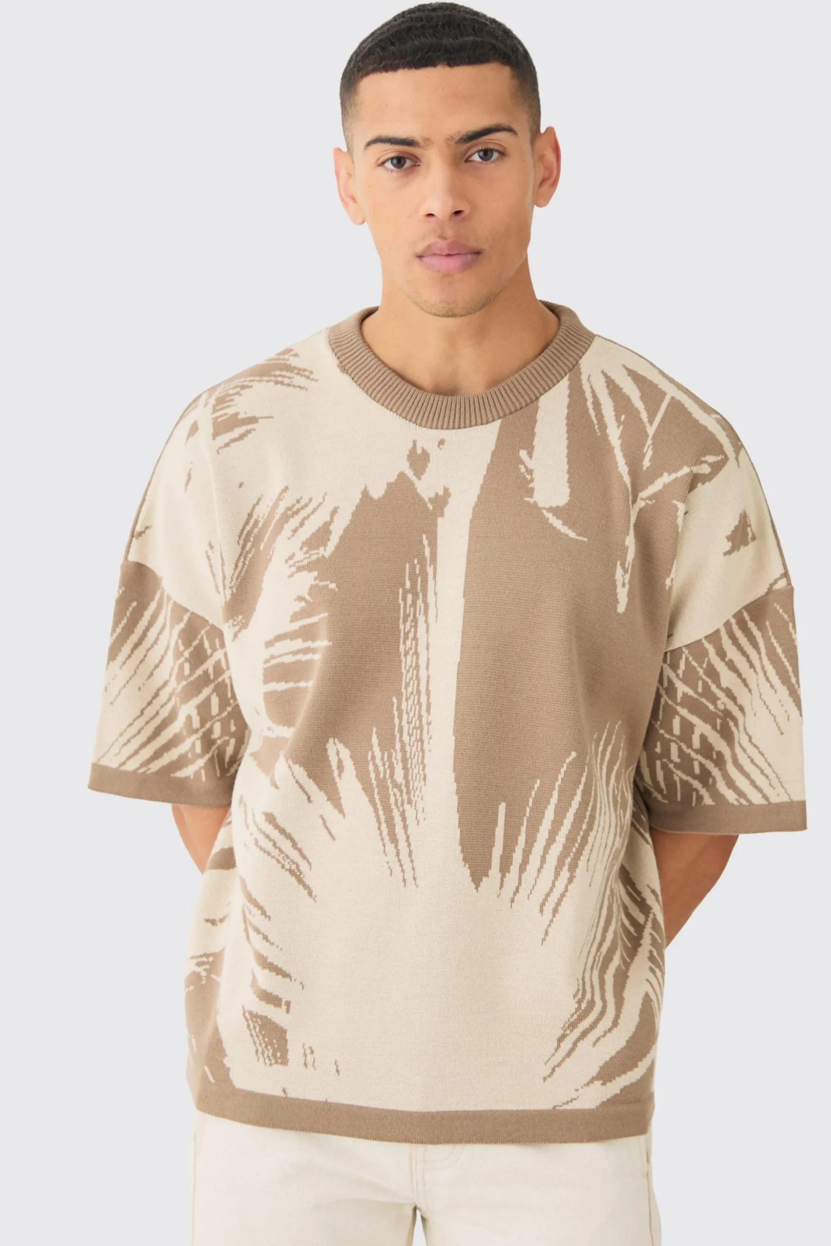 Oversized Tonal Abstract Drawing Knitted T-shirt | BoohooMAN UK