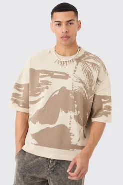 Oversized Tonal Scenic Drawing Knitted T-shirt | BoohooMAN UK