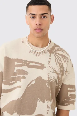 Oversized Tonal Scenic Drawing Knitted T-shirt | BoohooMAN UK