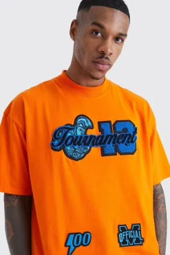 Oversized Tournament Badge Applique T-shirt | BoohooMAN UK