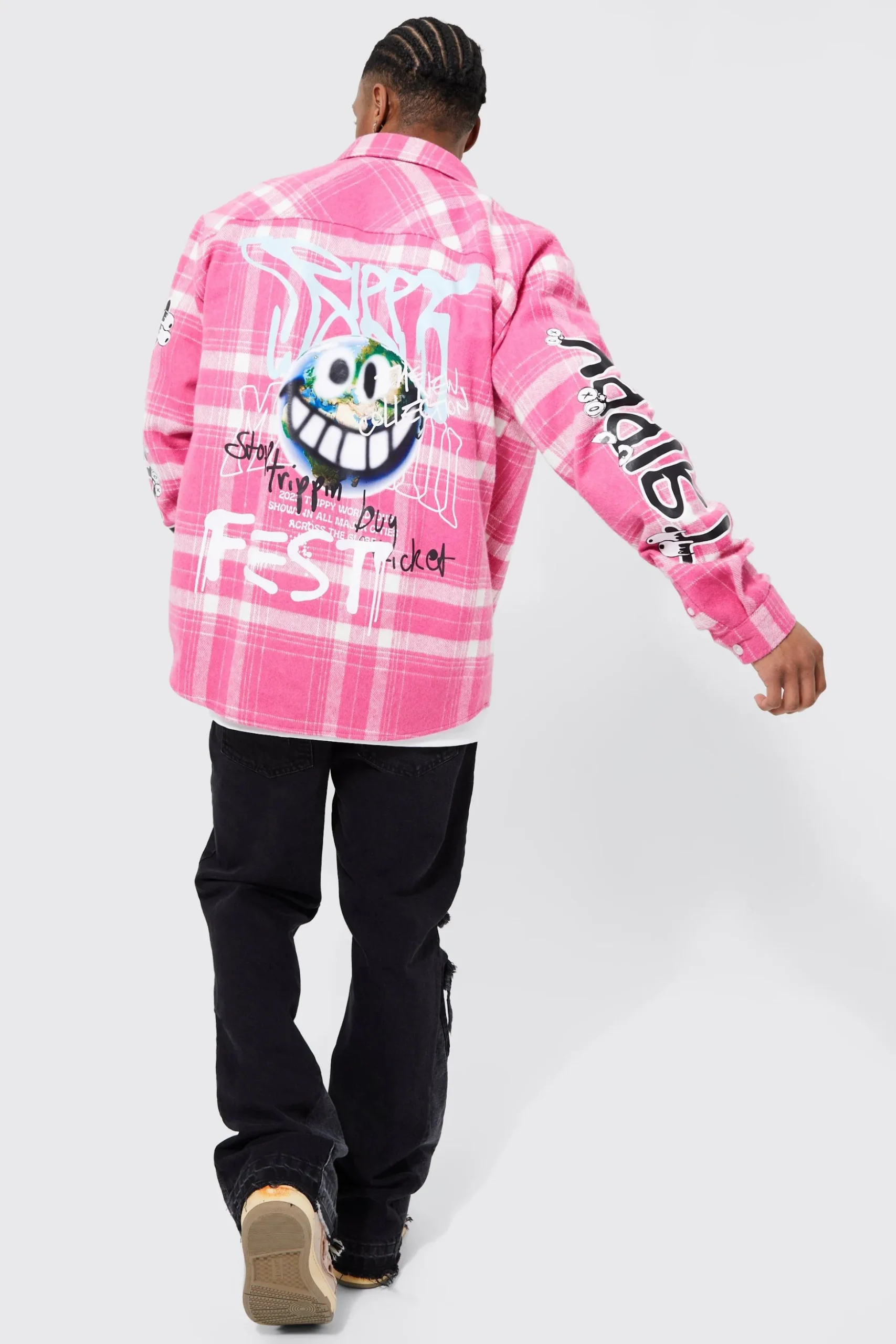Oversized Trippy Printed Check Shirt | BoohooMAN UK