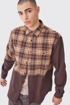 Oversized Twill Spliced Check Overshirt | BoohooMAN UK