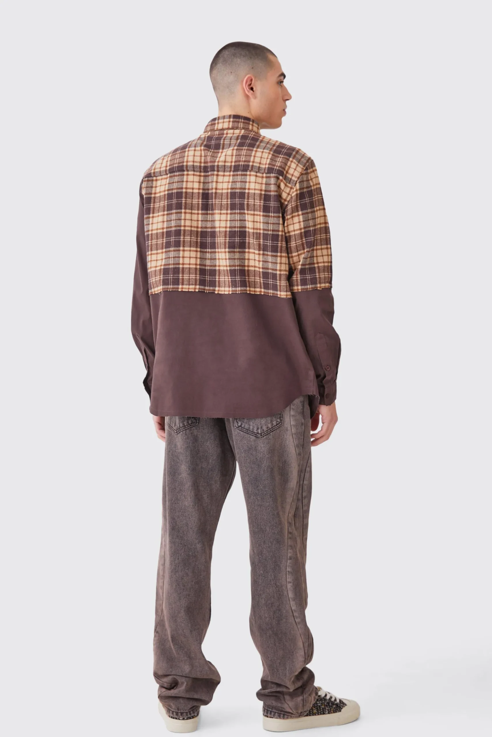 Oversized Twill Spliced Check Overshirt | BoohooMAN UK