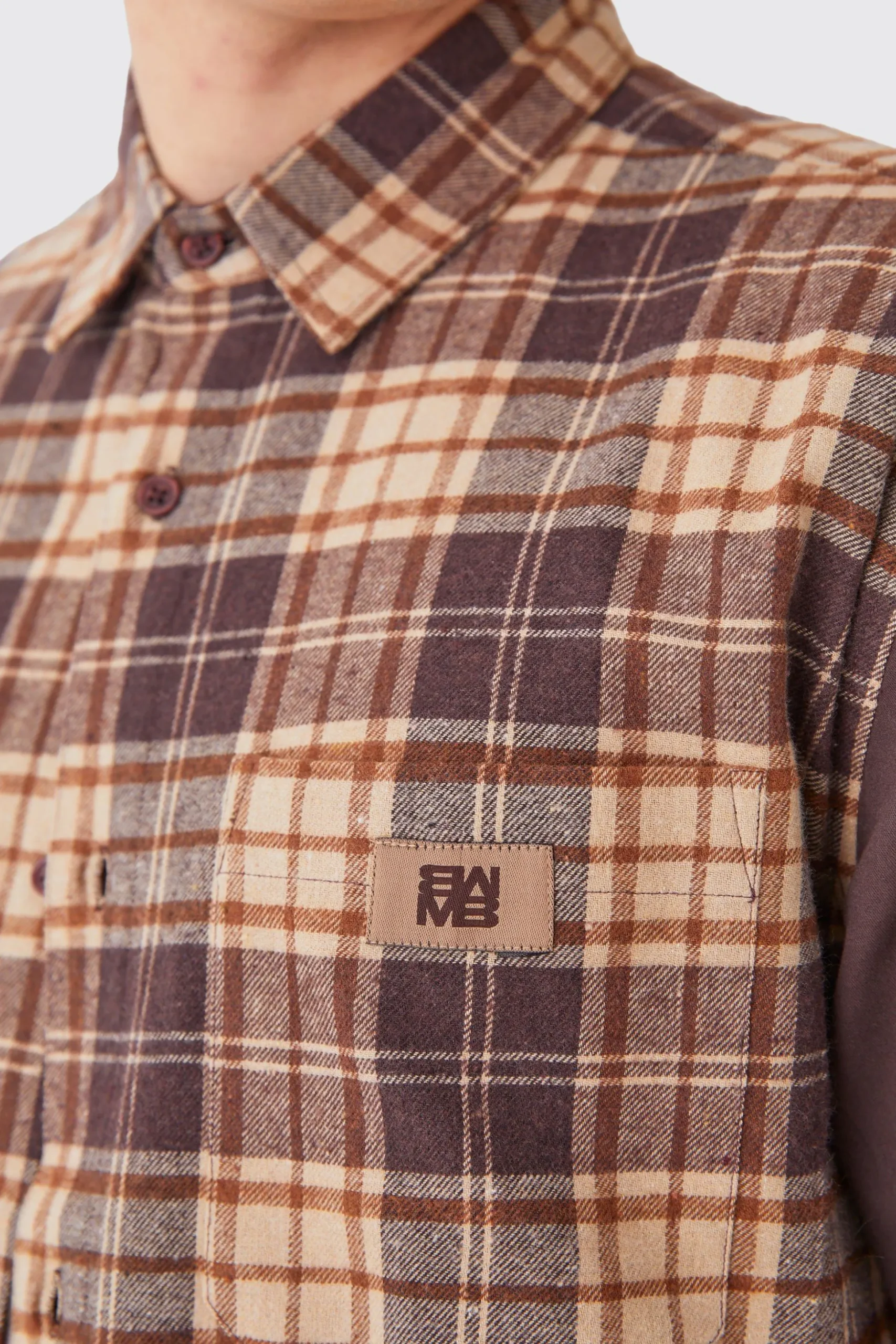 Oversized Twill Spliced Check Overshirt | BoohooMAN UK