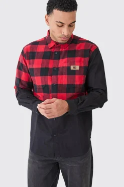 Oversized Twill Spliced Check Overshirt | BoohooMAN UK