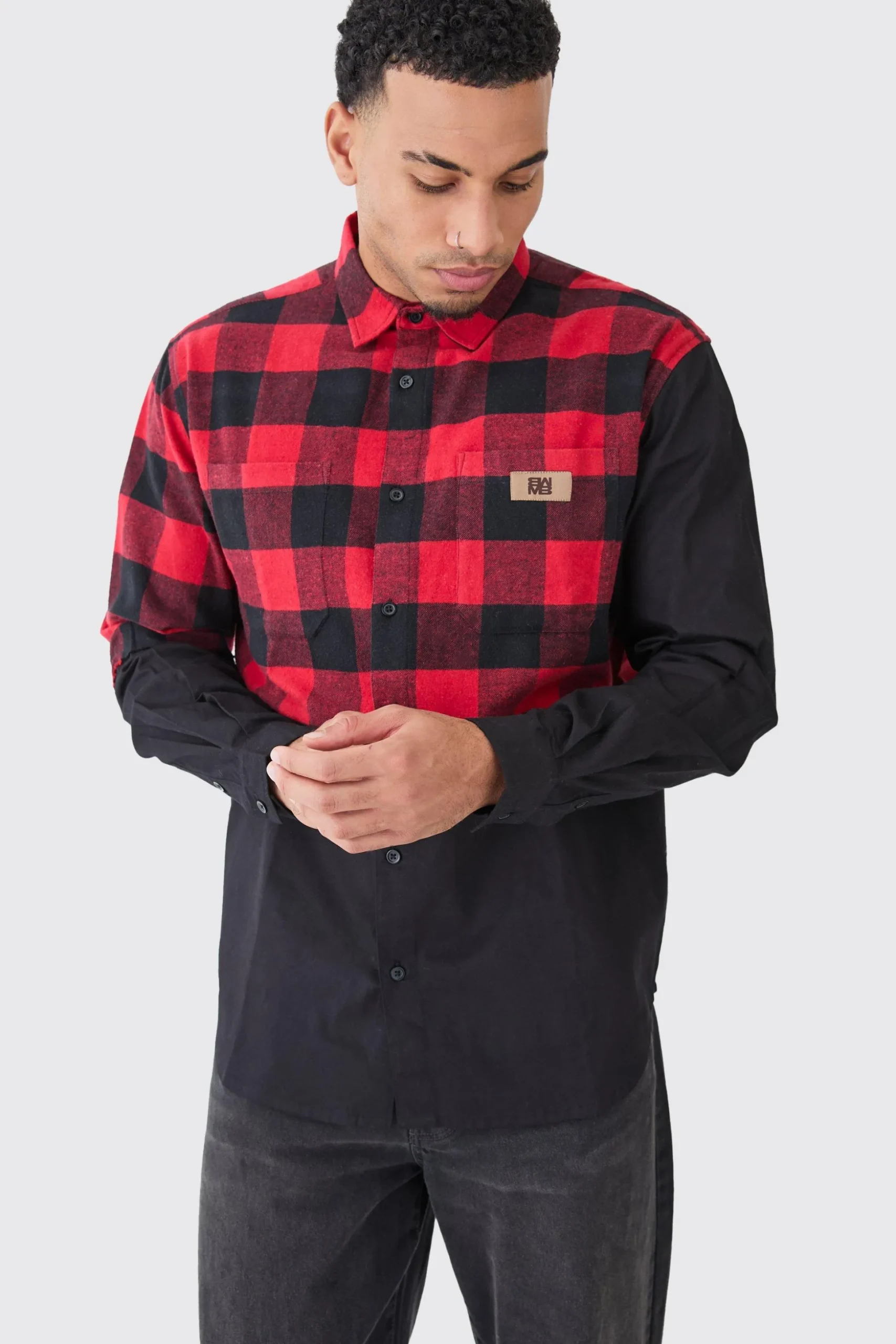 Oversized Twill Spliced Check Overshirt | BoohooMAN UK