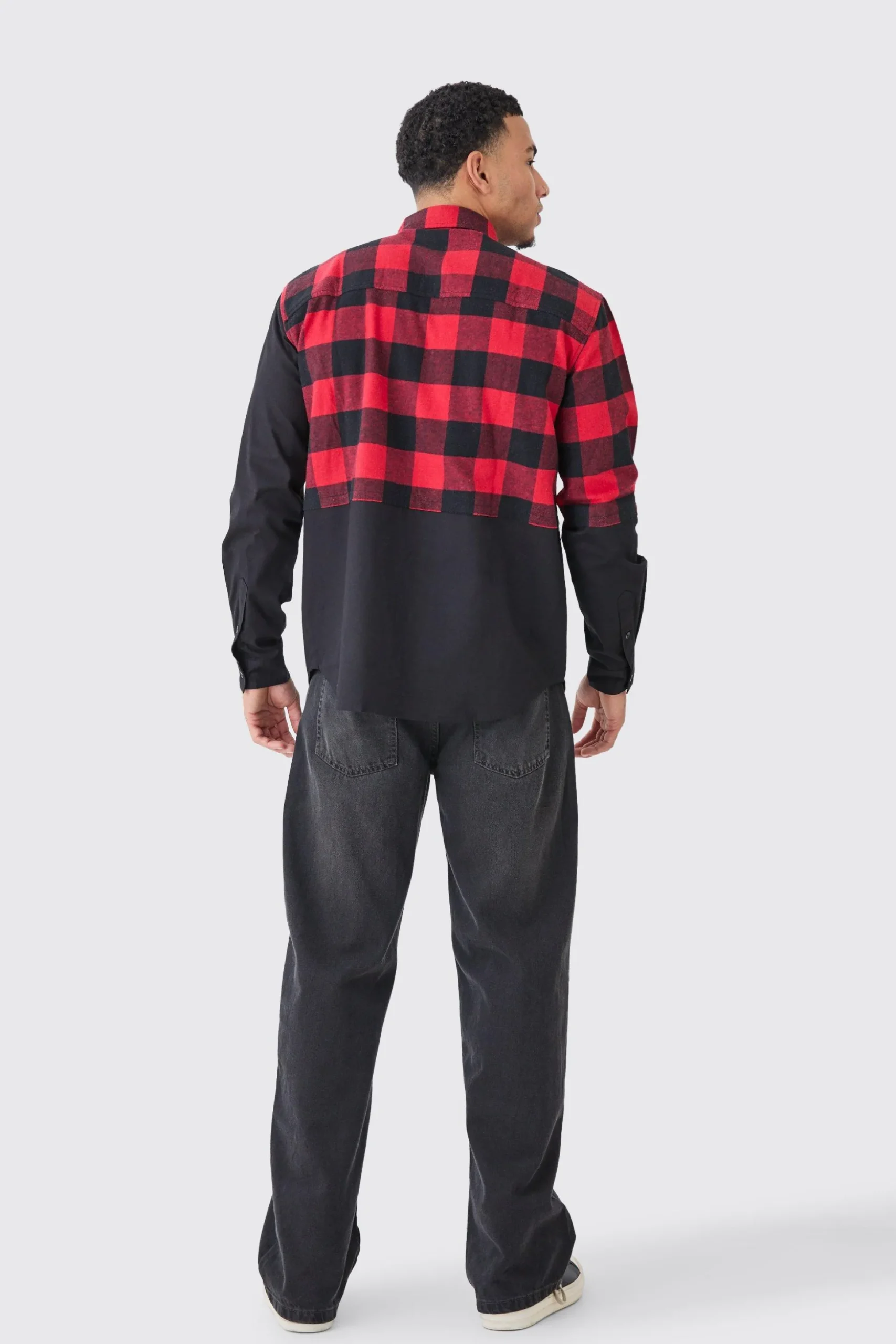 Oversized Twill Spliced Check Overshirt | BoohooMAN UK