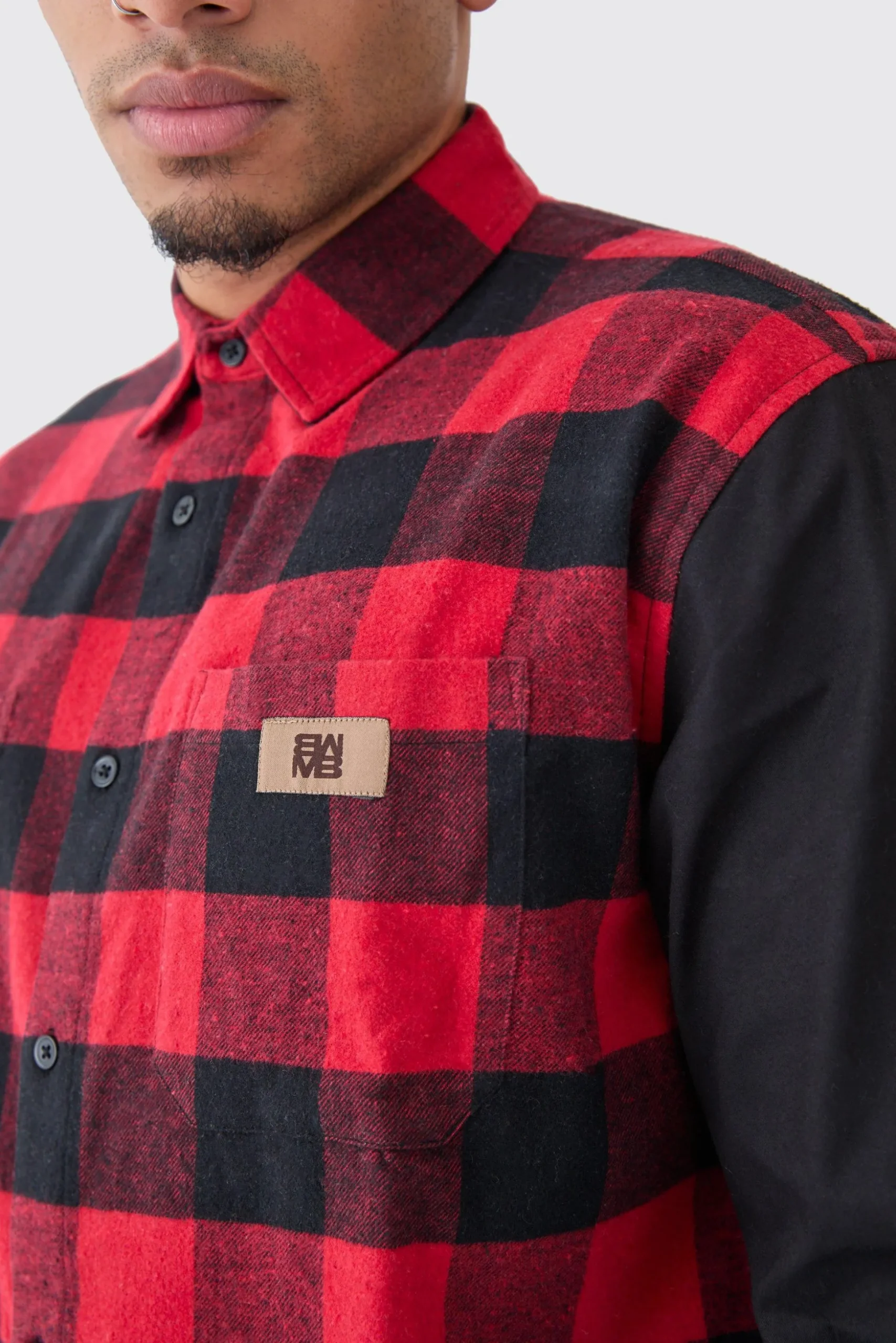 Oversized Twill Spliced Check Overshirt | BoohooMAN UK