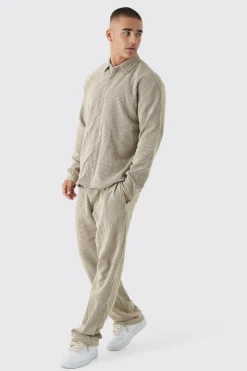 Oversized Two-tone Zip Ribbed Jersey Shirt & Straight Jogger Set | BoohooMAN UK