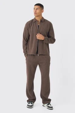 Oversized Two-tone Zip Ribbed Jersey Shirt & Straight Jogger Set | BoohooMAN UK