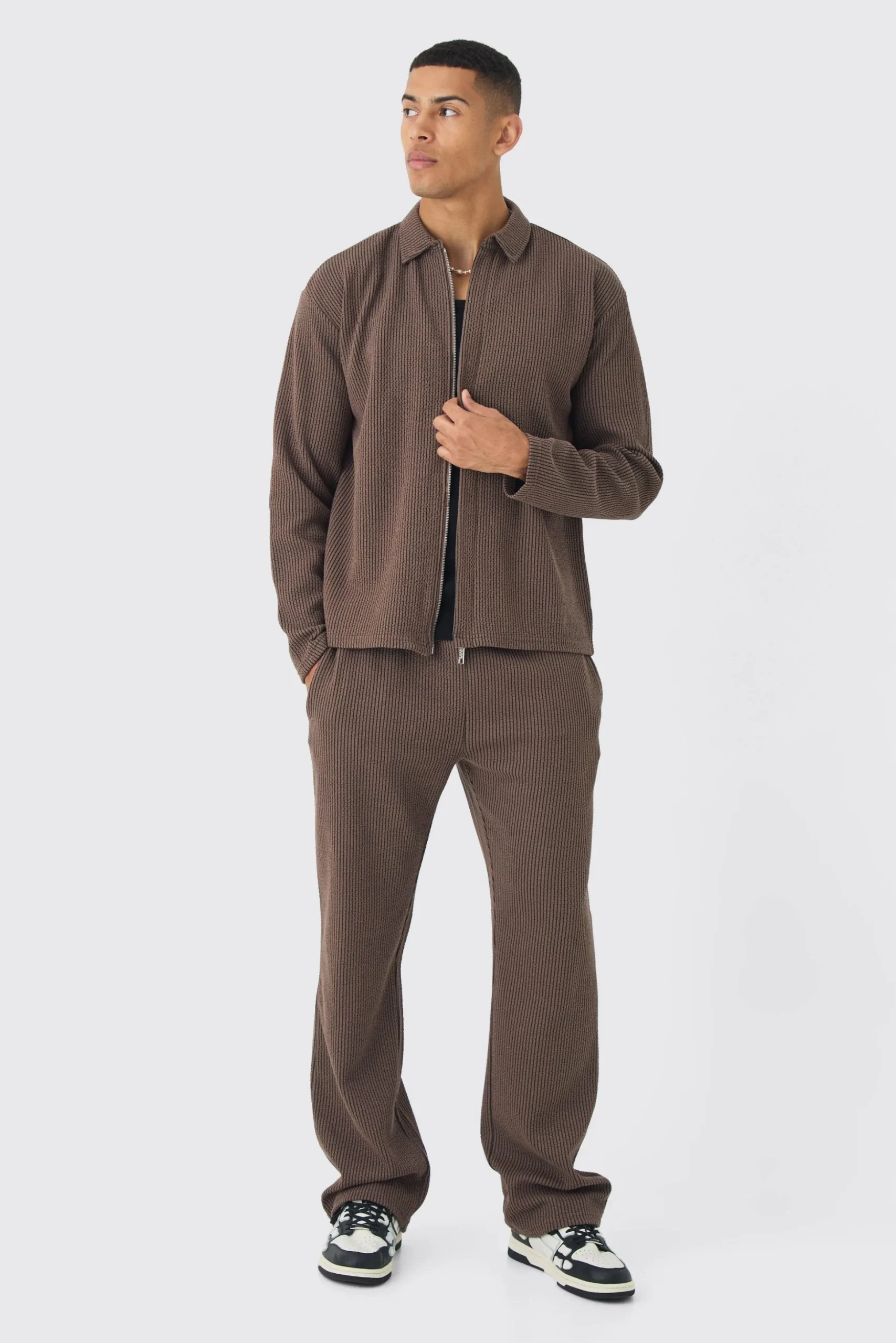 Oversized Two-tone Zip Ribbed Jersey Shirt & Straight Jogger Set | BoohooMAN UK