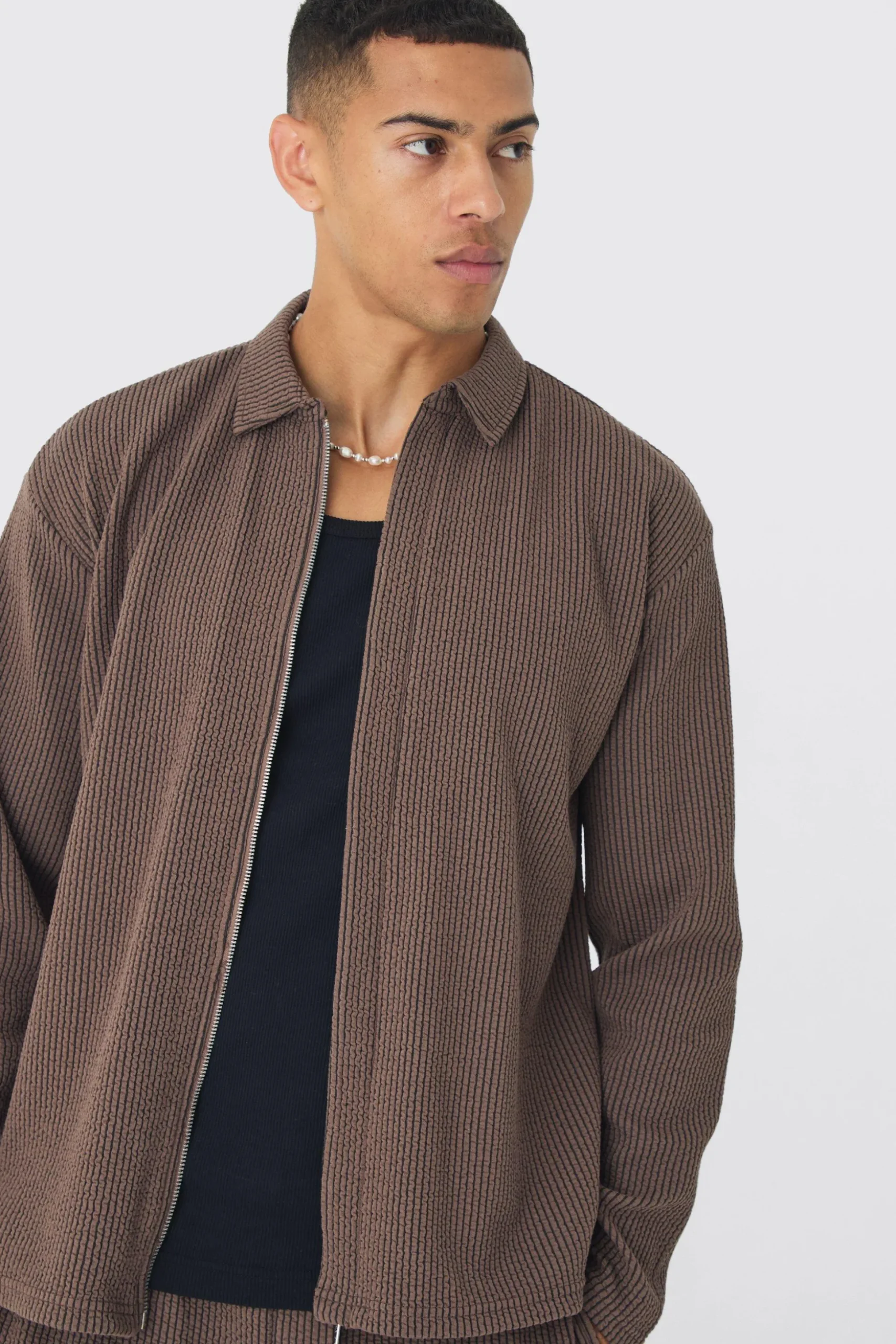 Oversized Two-tone Zip Ribbed Jersey Shirt & Straight Jogger Set | BoohooMAN UK