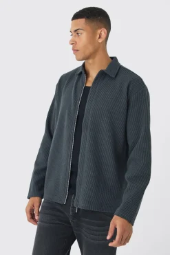 Oversized Two-tone Zip Through Ribbed Jersey Shirt | BoohooMAN UK