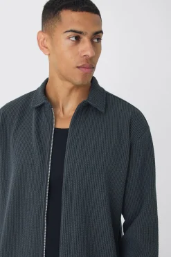 Oversized Two-tone Zip Through Ribbed Jersey Shirt | BoohooMAN UK