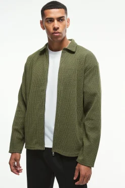 Oversized Two-tone Zip Through Ribbed Jersey Shirt | BoohooMAN UK