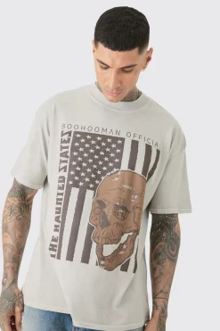 Oversized US Flag Skull Print Wash T-shirt | BoohooMAN UK