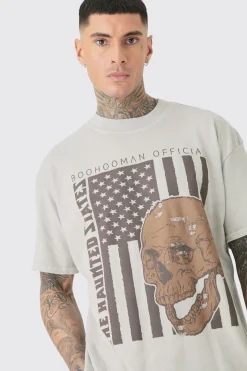 Oversized US Flag Skull Print Wash T-shirt | BoohooMAN UK