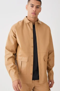 Oversized Utility Long Sleeve Pu Shirt | BoohooMAN UK