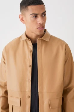 Oversized Utility Long Sleeve Pu Shirt | BoohooMAN UK