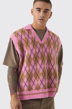 Oversized V Neck Argyle Fluffy Knit Vest | BoohooMAN UK