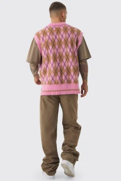 Oversized V Neck Argyle Fluffy Knit Vest | BoohooMAN UK