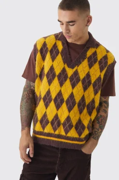 Oversized V Neck Argyle Fluffy Knit Vest | BoohooMAN UK