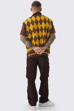 Oversized V Neck Argyle Fluffy Knit Vest | BoohooMAN UK