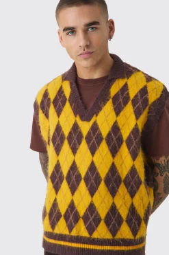 Oversized V Neck Argyle Fluffy Knit Vest | BoohooMAN UK