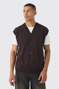 Oversized V Neck Button Through Knitted Vest | BoohooMAN UK